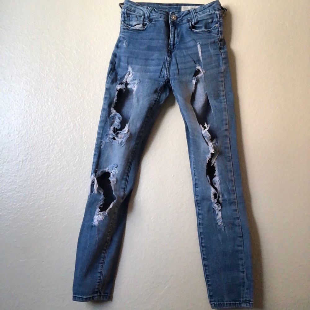 Dark wash jeans.